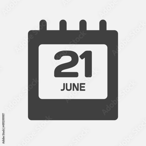 Icon day date 21 June, template calendar page