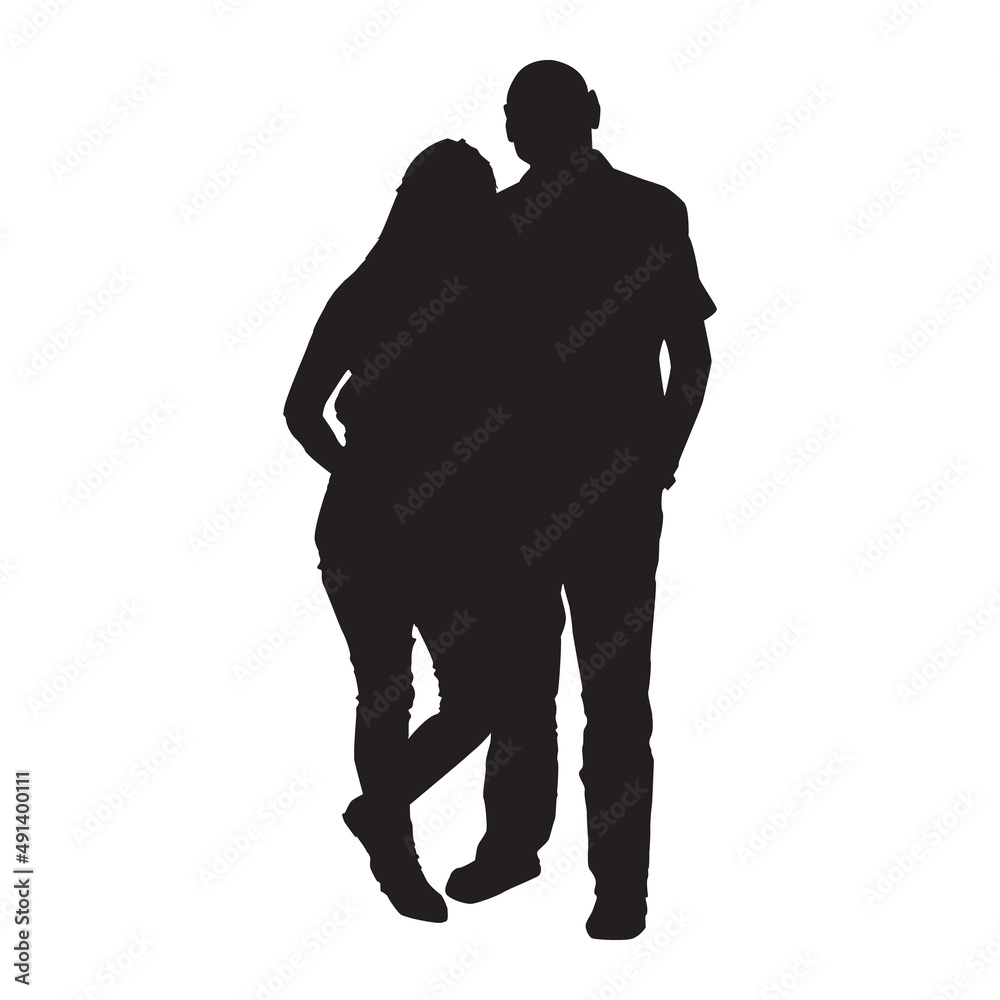 Couple silhouette isolated on white background. Silhouettes of man and woman standing. Man hugging beloved woman. Couple of young people standing side by side. Two lovers embracing.Vector illustration