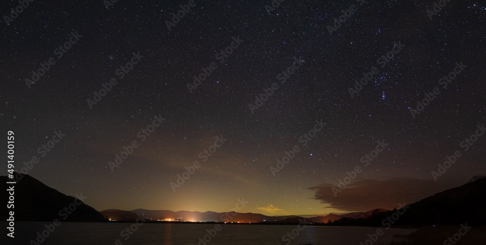 A panoramic view of the night sky over Bassenthwaite in the English lake district
