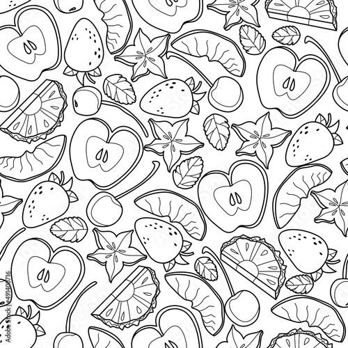 Cocktail garnish seamless pattern. Vector line art illustration. Food and herbs