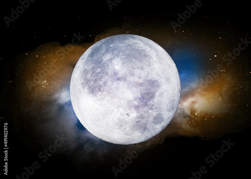 Moon and super colorful deep space. Background night sky with stars, moon and clouds. View of the uniquely beautiful moon.