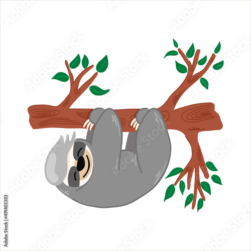 Vector illustration with a cute sloth hanging on a tree, cute animal, cartoon-style children's illustration, for fabrics, postcards, posters, clothes.
