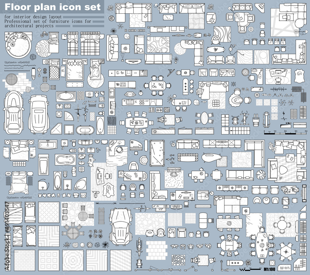 Floor plan icons set for design interior and architectural project (view from above). Furniture thin line icon in top view for layout. Blueprint apartment. Vector