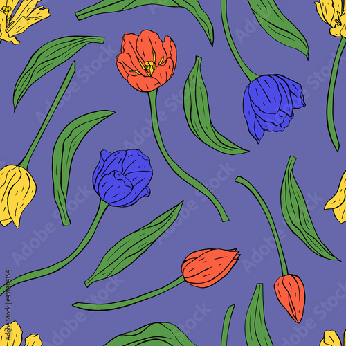 Vintage seamless pattern with red and yellow line art tulips flowers and leaves on blue background