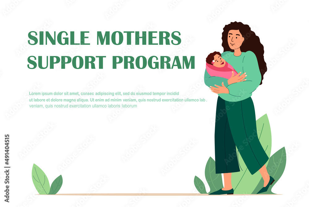 Programs for Single Mothers Landing Page Template. Young Female Character Holding Baby on Hands Adorable Woman and Child Communicate, Maternity, Mother Care Concept. Cartoon People Vector Illustration Programs for Single Mothers Landing Page Template. Young Female Character Holding Baby on Hands Adorable Woman and Child Communicate, Maternity, Mother Care Concept. Cartoon People Vector Illustration