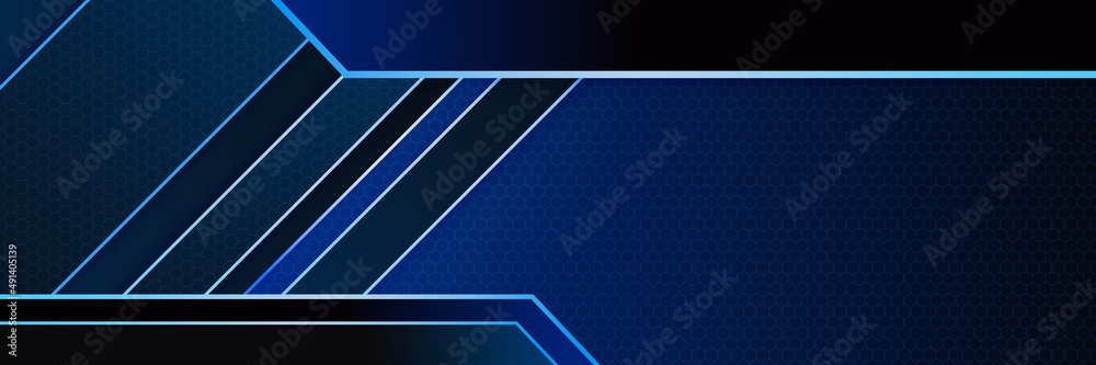 Abstract dark blue metallic carbon neutral overlap light hexagon mesh design modern luxury futuristic technology background. Game tech wide banner vector illustration.