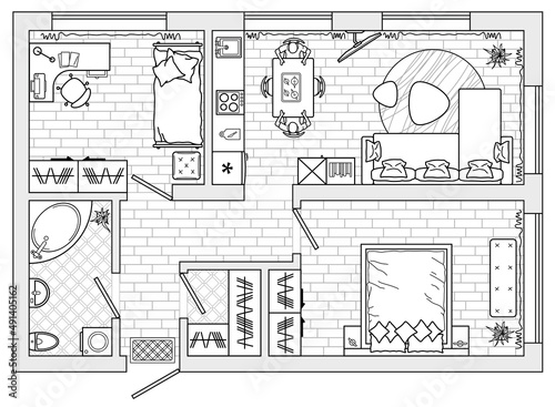 Floor plan of apartments. Standard home furniture symbols set used in architecture plans. Home planning icon set, graphic design elements. Big flat room - top view plan. Vector blueprint