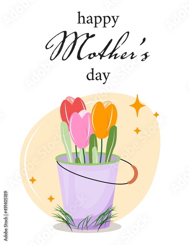 Mothers day illustration with a bucket filled with tulips. 