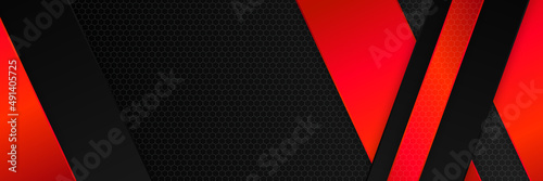 Abstract black red metallic carbon neutral overlap light hexagon mesh design modern luxury futuristic technology background. Game tech wide banner vector illustration.