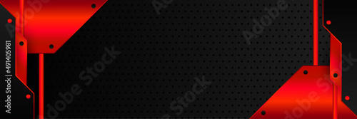 Abstract black red metallic carbon neutral overlap light hexagon mesh design modern luxury futuristic technology background. Game tech wide banner vector illustration.