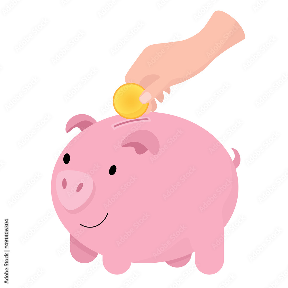 Fototapeta premium A woman's hand puts a coin in a piggy bank