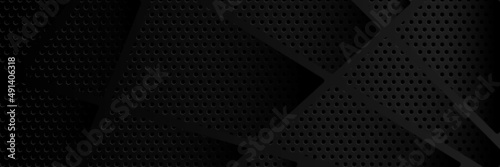 Abstract black metallic carbon neutral overlap light hexagon mesh design modern luxury futuristic technology background. Game tech wide banner vector illustration.