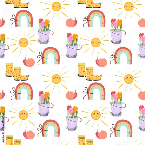 Children pattern with a rainbow, boots, sun, snail and flowers. 