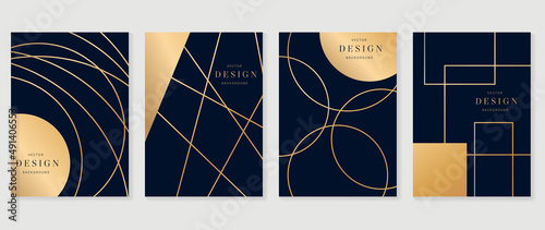 Luxury geometric pattern cover template. Set of abstract dark blue poster design with golden line, ornament, shapes. Elegant graphic design perfect for banner, background, wallpaper, invitation.