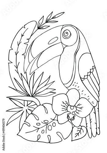 Coloring page with Tropical Bird. Toucan between flowers and leaves. Coloring book for kids or adult. Worksheet. Sketch vector illustration