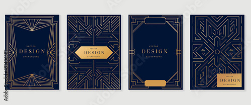 Luxury geometric pattern cover template. Set of abstract dark blue poster design with golden line, ornament, shapes. Elegant graphic design perfect for banner, background, wallpaper, invitation.