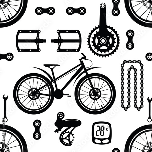 Bike. Seamless pattern with bicycle parts for print, web design. Vector image. 