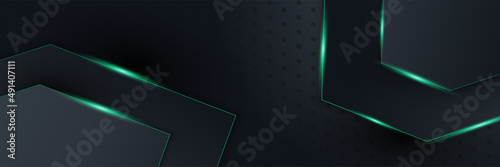 Abstract black green metallic carbon neutral overlap light hexagon mesh design modern luxury futuristic technology background. Game tech wide banner vector illustration.