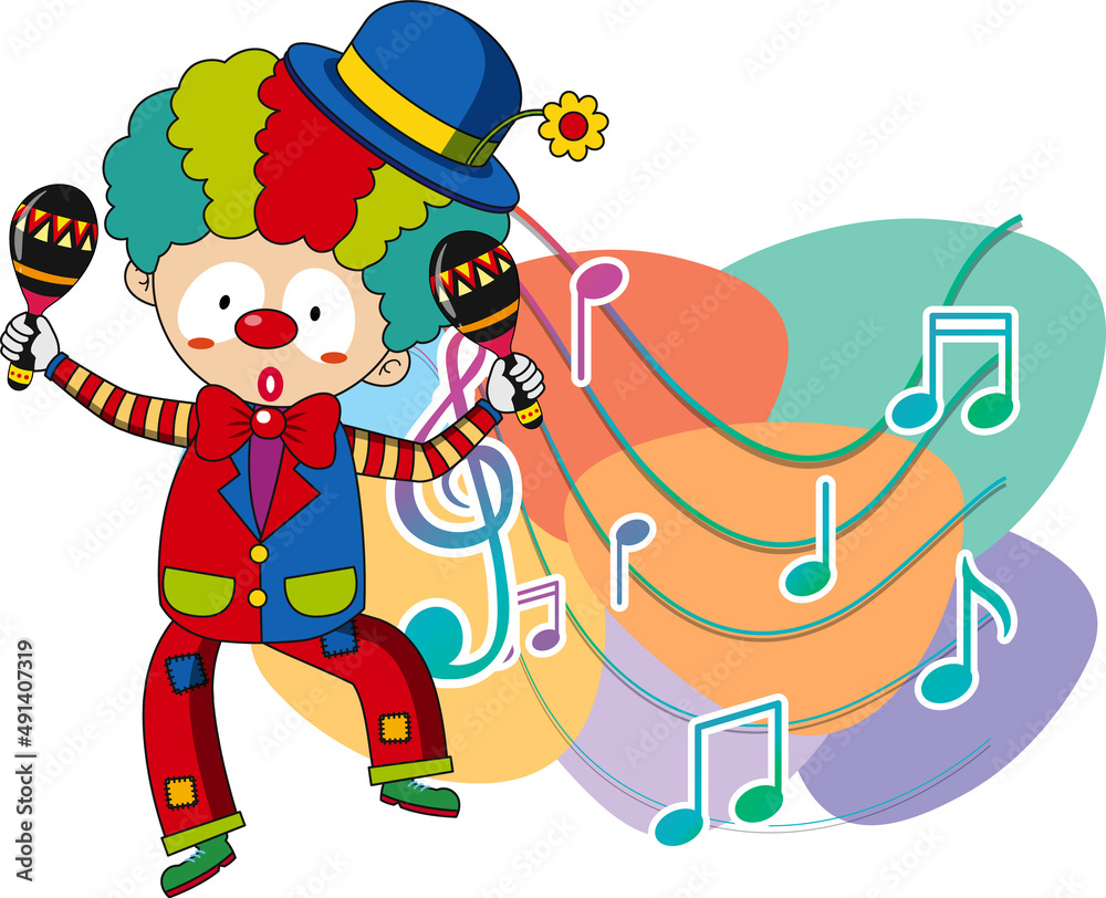 Naklejka premium Clown shaking maracas with music notes on white background