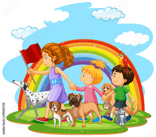 Kids walking with many dogs