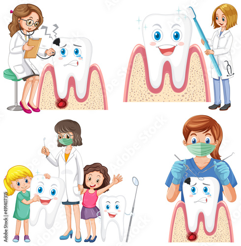 Set of dentist holding dental cleaning equipment on white background