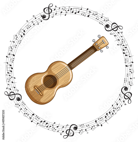 A ukulele with musical notes on white background