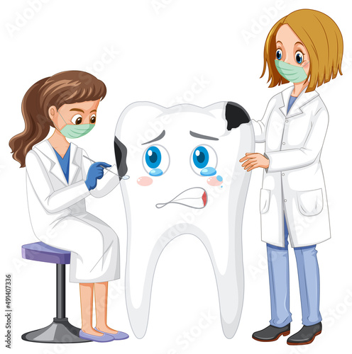 Dentists holding instruments and examining teeth decay on white background