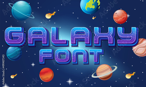 Galaxy font logo with planet on space background