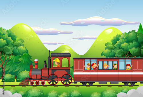 A kids in a train with natural scene