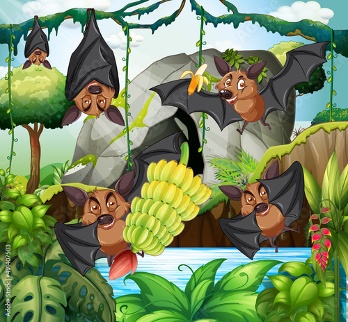 Forest scene with group of bats in cartoon style