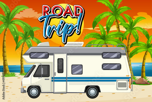 Road trip icon with van for summer