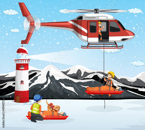 Snow mountain scene with firerman rescue in cartoon style