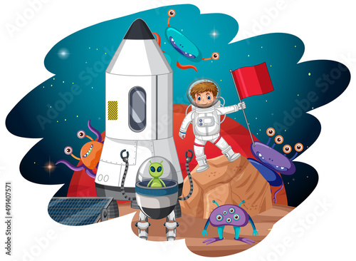 Cartoon astronaut and aliens on planet in cartoon style