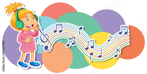 A little girl listen to music with music notes on white background