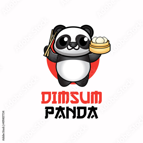 Cute panda holding dimsum logo vector illustration