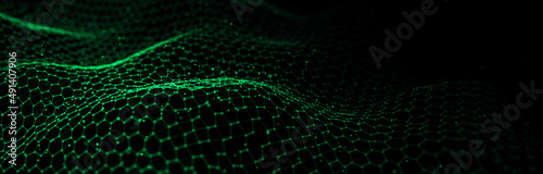 Futuristic green hexagon dynamic wave. Futuristic honeycomb concept. Digital technology web flow. Big data visualization. 3D rendering.