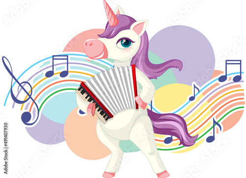 Cute purple unicorn playing accordion with music notes on white background
