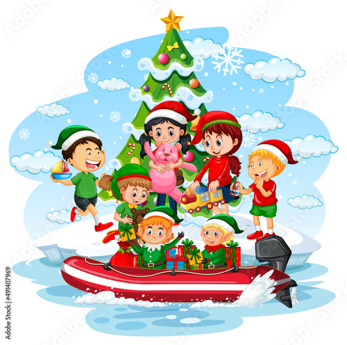 Santa Claus and elves delivering gifts by boat