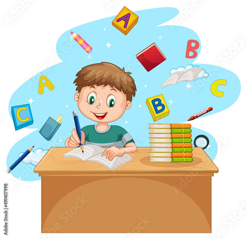 A boy doing homework with books on white background