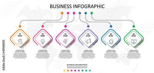Infographic vector with 6 squares. Business line concept graphic process template with six steps and icons. Graphic timeline for levels, web, diagram, banner, presentations