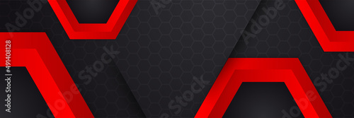 Abstract black red metallic carbon neutral overlap light hexagon mesh design modern luxury futuristic technology background. Game tech wide banner vector illustration.