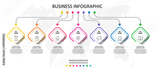 Infographic vector with seven squares. Business line concept graphic process template with 7 steps and icons. Graphic timeline for app, website, interface, chart, levels, web, presentations