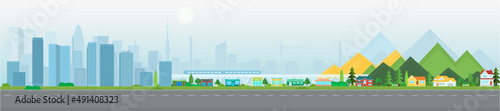 Vector poster with suburban houses and modern skyscrapers. Street view. Panoramic view.  © daudau992