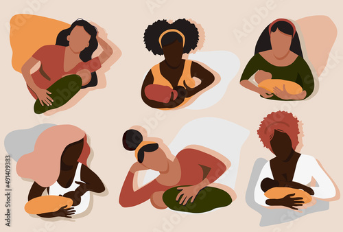 Breastfeeding illustration in mid century style.Young women different ethnicities with child. Lactation in various positions concept.Mom holds her baby. Love and maternity.Newborn eats milk.Modern art