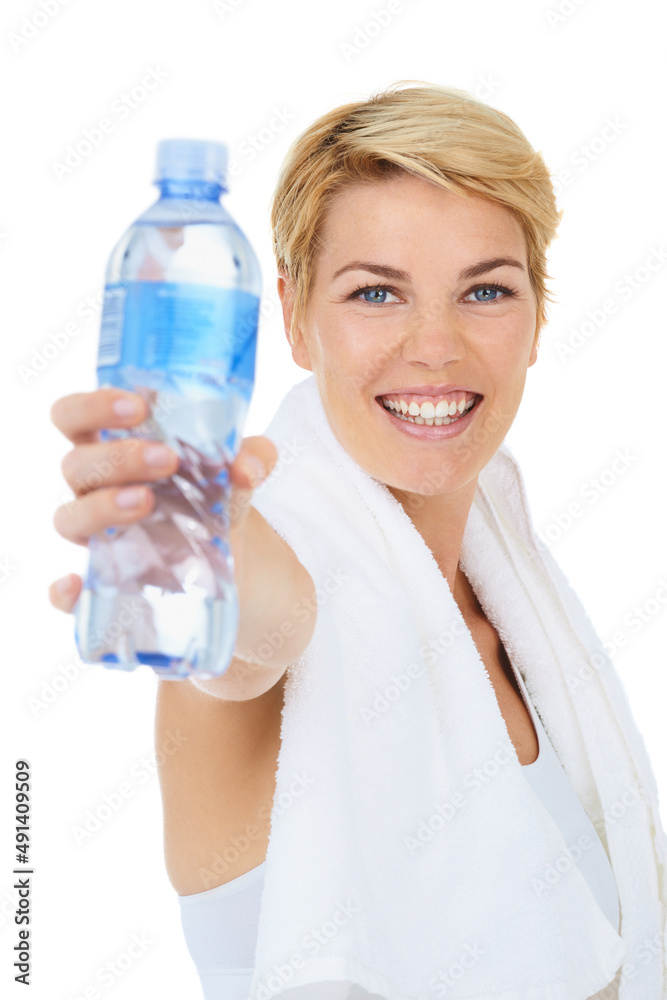 She promotes exercise and healthy eating. Cropped shot of a sporty young woman isolated on white. She promotes exercise and healthy eating. Cropped shot of a sporty young woman isolated on white.