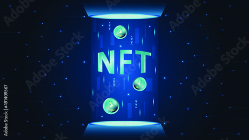 NFT, non fungible tokens concept vector illustration. NFT text in podium with hologram effect concept for banner, website, landing page, ads.