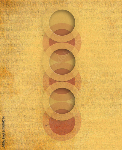 Abstract 3D illustration of six rings in dark gold and maroon on a papyrus textured background