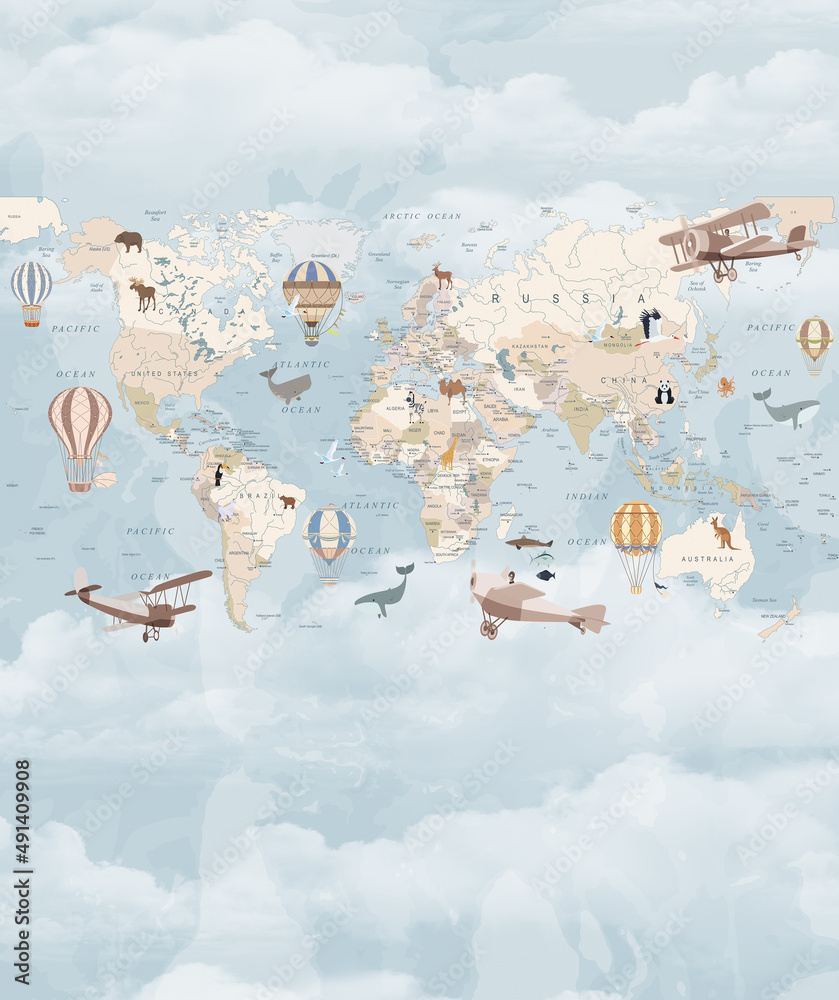 Children's map of the world in English. Detailed world map with the