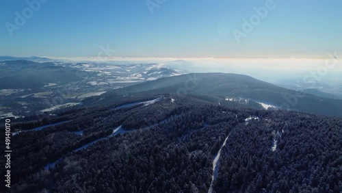 Aerial drone view of winter landscape in Jizera mountains, Liberec region, Czech Republic photo
