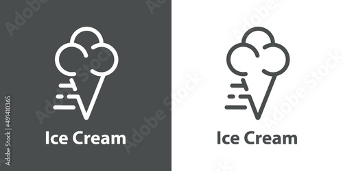 Logotipo con texto Ice cream con helado de 3 bolas en cono de galleta con líneas de velocidad en fondo gris y fondo blanco